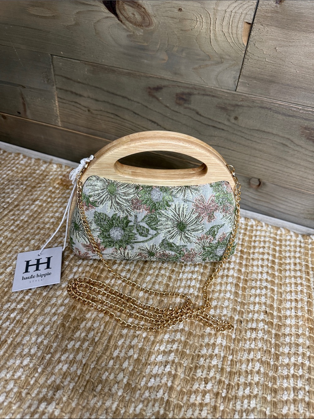 Floral Tapestry Handbag with Wood Handle - Light Green/Pink, NWT